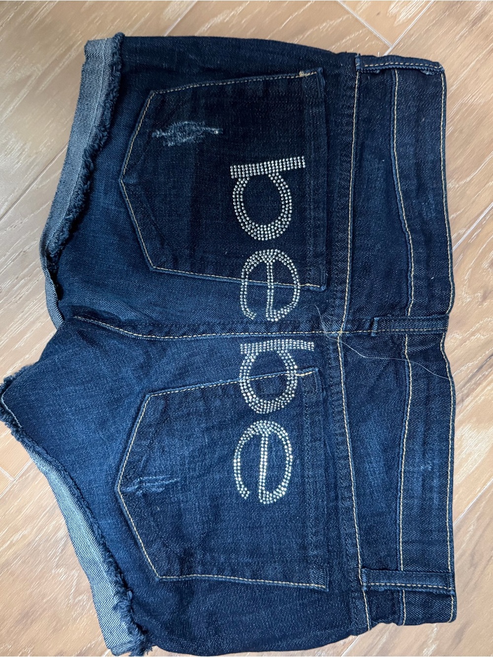 bebe Dark Blue Denim Mini Skirt with Rhinestone Logo